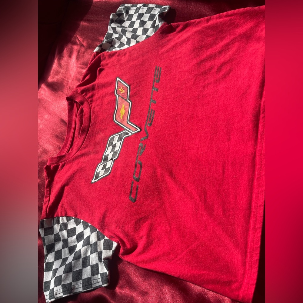 Red corvette crop top with plaid sleeves